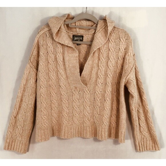 American Eagle Hooded Sweater Women's Medium Cable Knit Short Cropped Oversized - Picture 1 of 12